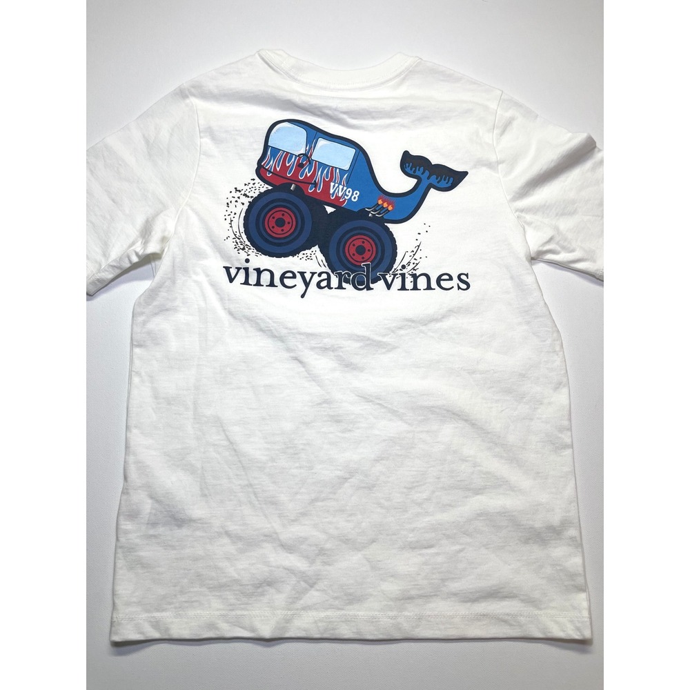 Vineyard Vines Boys White Monster Truck Whale Pocket T-Shirt S 8-10 0459